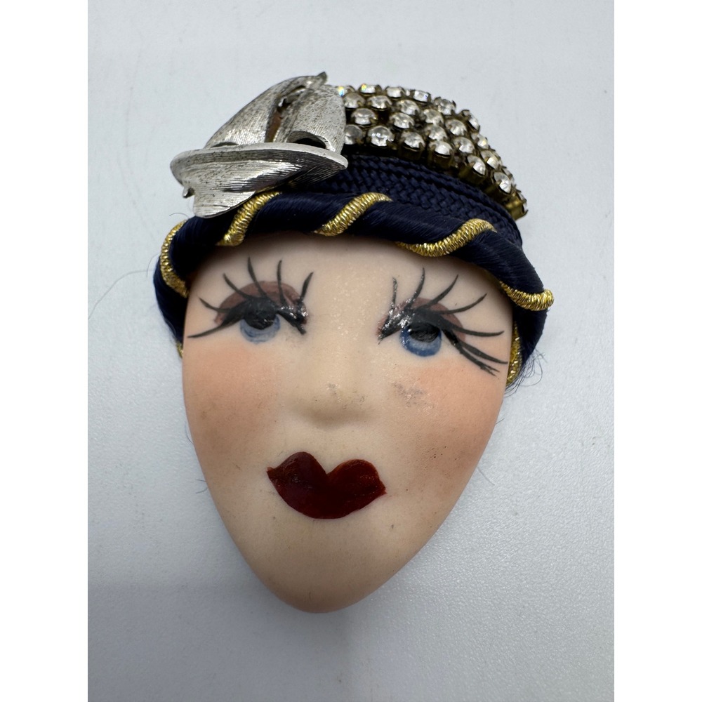 Vintage Porcelain Lady Face Brooch Rhinestone Sailboat Navy Turban Pin
